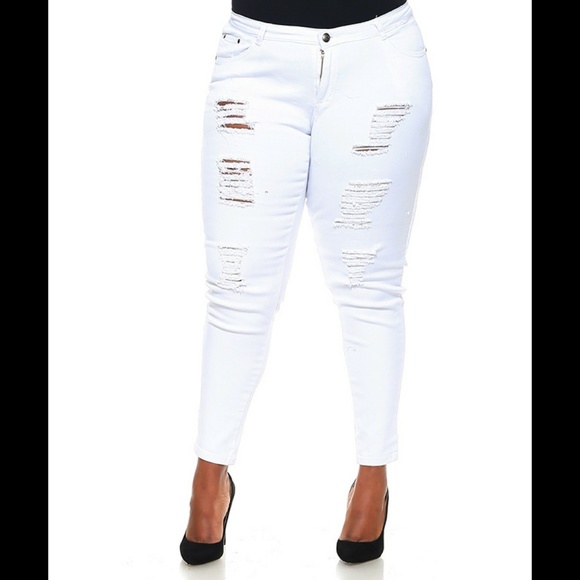 NEW WHITE Plus Size Distressed Ripped Denim Jeans - Picture 2 of 3